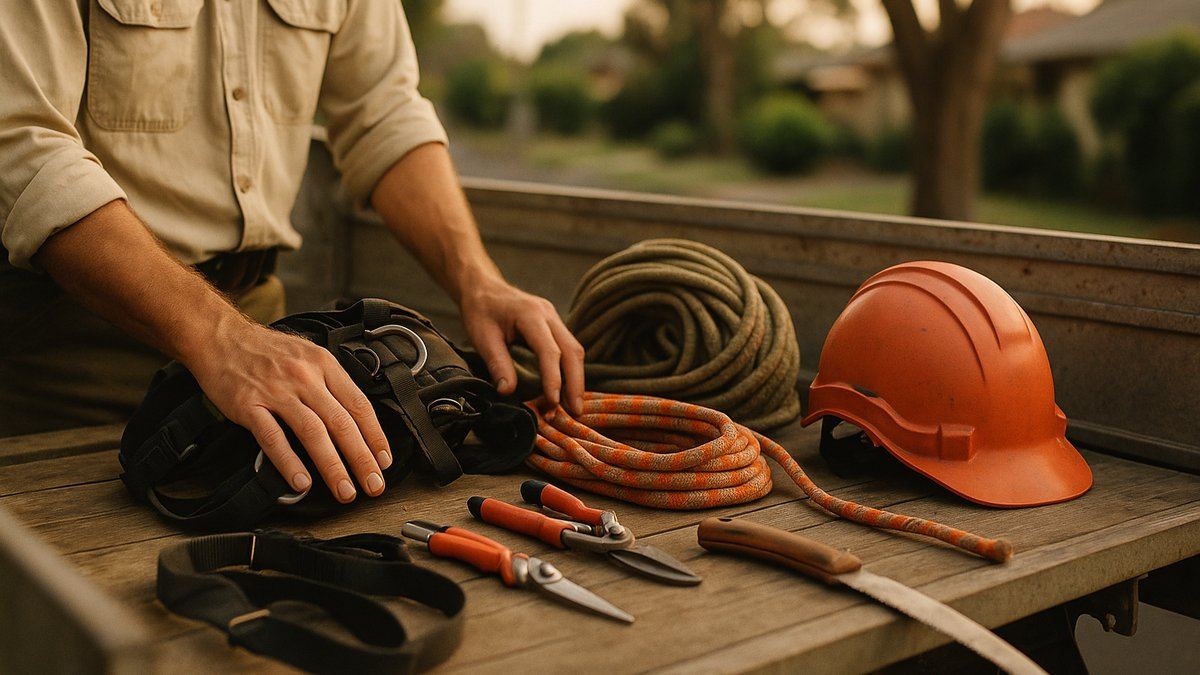 Arborist's hands and equipment laid out neatly on the back of a work truck