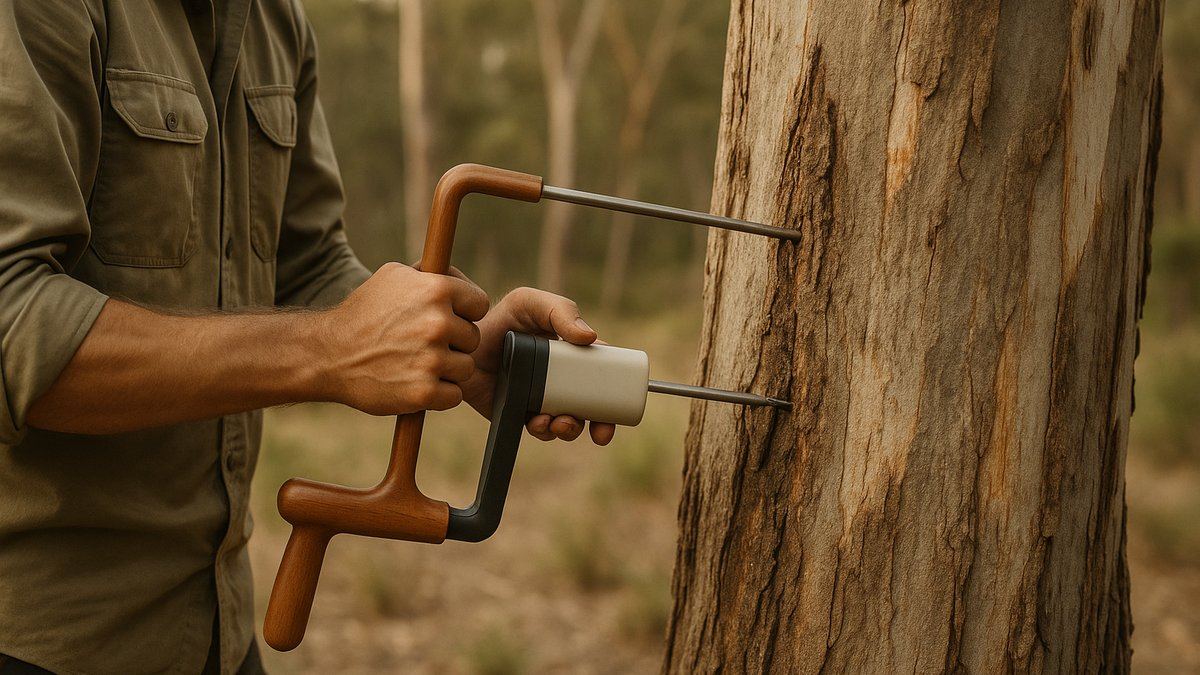 Arborist using a resistograph to test the trunk of a mature gum tree