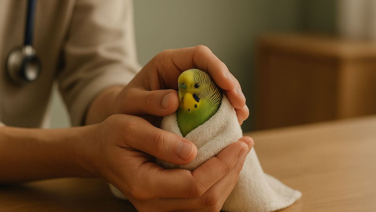 A vet's hands gently cupping a budgerigar wrapped softly in a small white towel