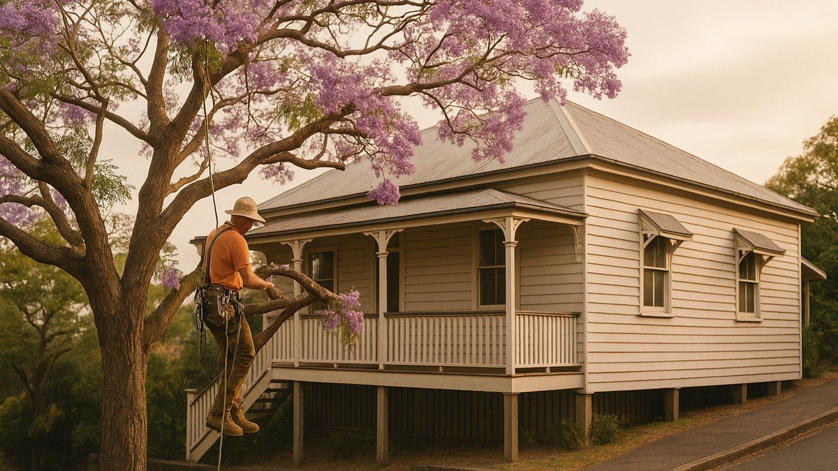 Mature flowering jacaranda over a Queenslander on a Brisbane hill street