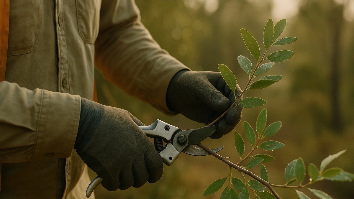 Hand pruning a leafy branch with secateurs in early-morning light