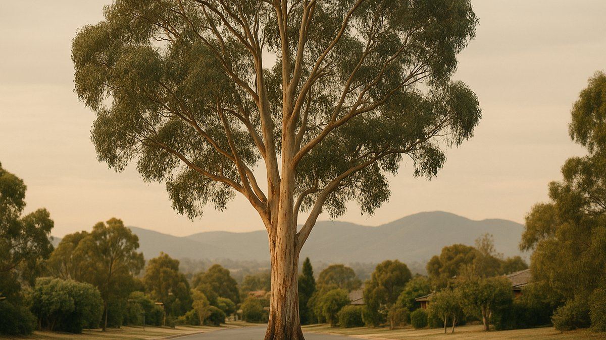 Tall mature red gum tree in a Canberra suburban street, late afternoon light
