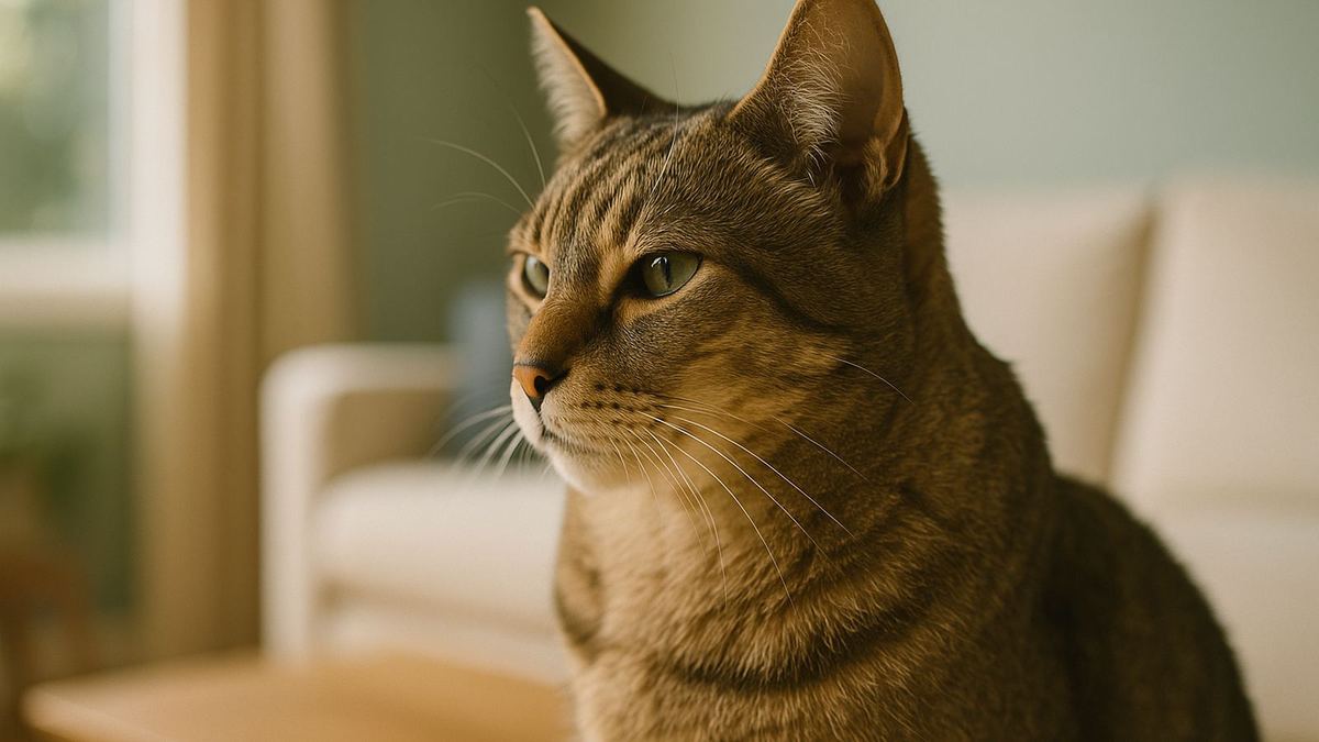 A profile portrait of a calm domestic shorthair cat in soft natural light