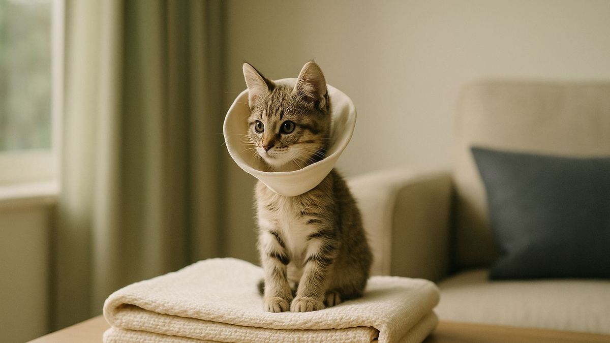 A small kitten wearing a soft white fabric recovery cone, sitting alert on a folded blanket