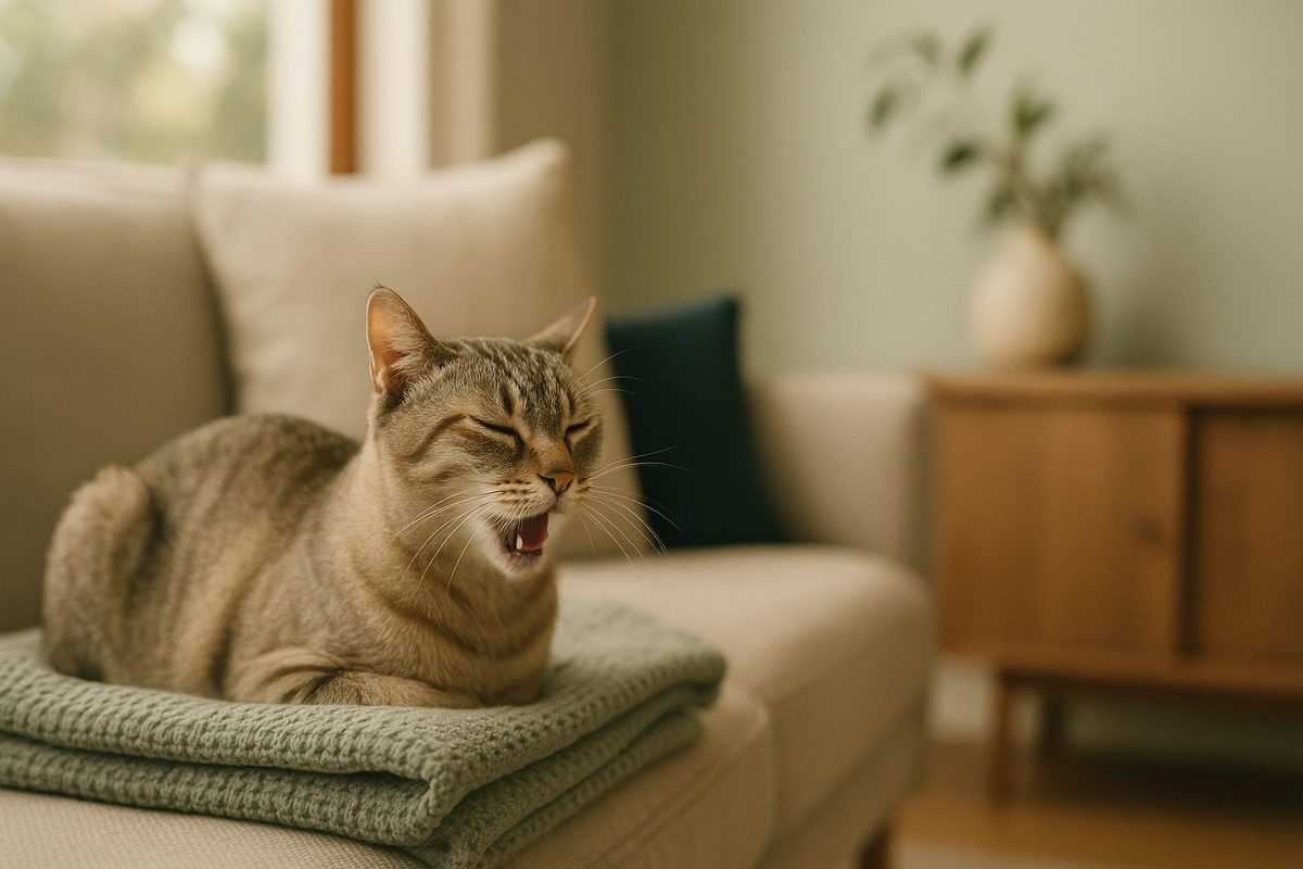 A young short-haired cat sneezing softly while curled on a folded sage blanket, soft daylight