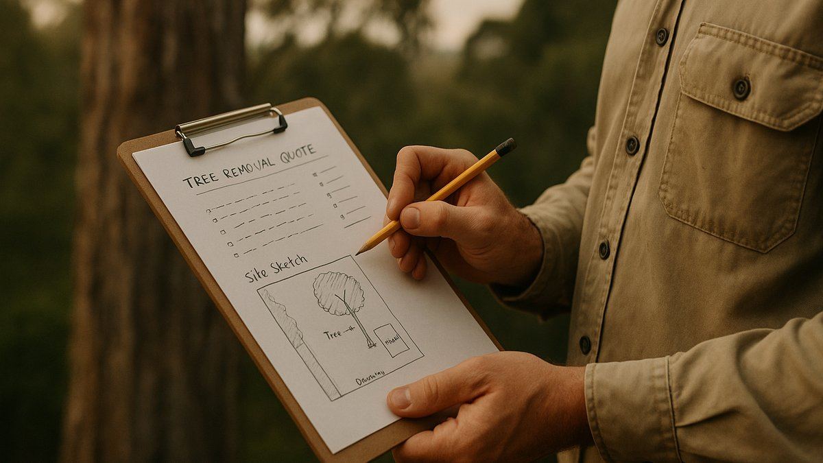 An arborist's quote sheet on a clipboard next to a marked-up tree