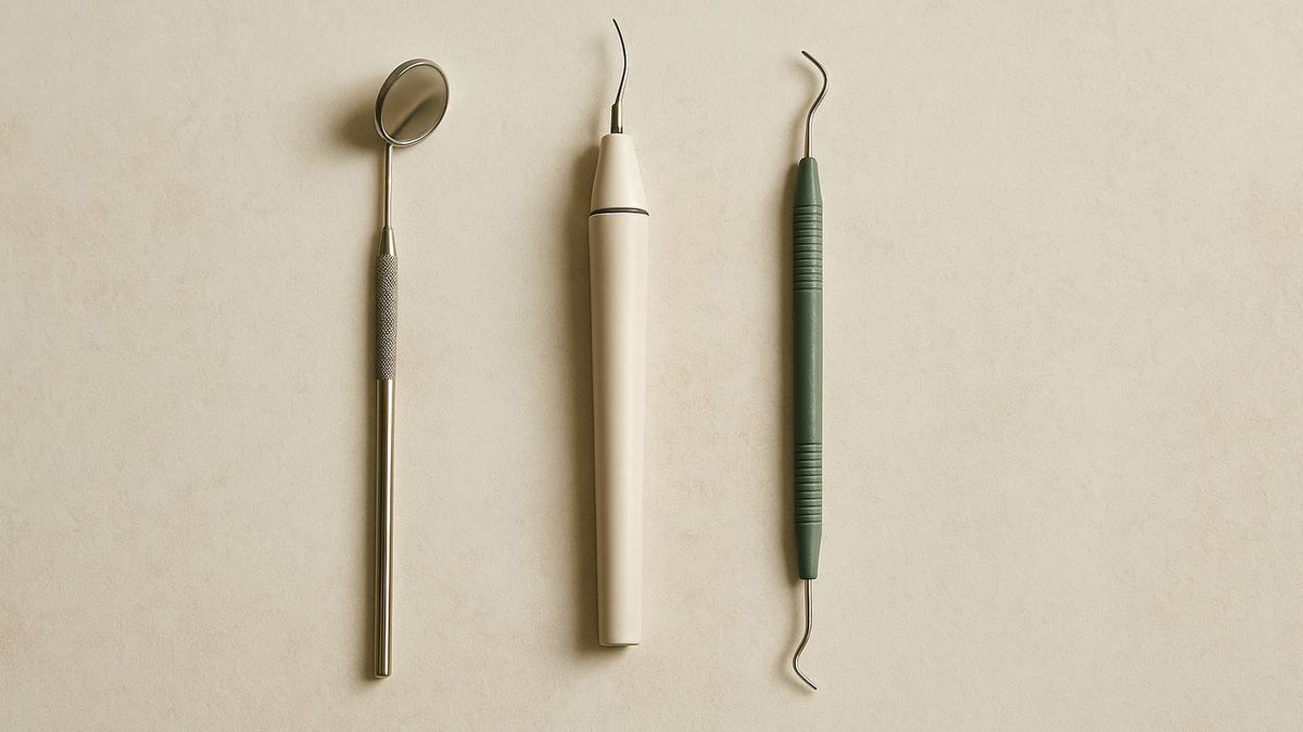 Veterinary dental cleaning tools on a textured pale surface — a dental mirror, a scaler tip, a curette