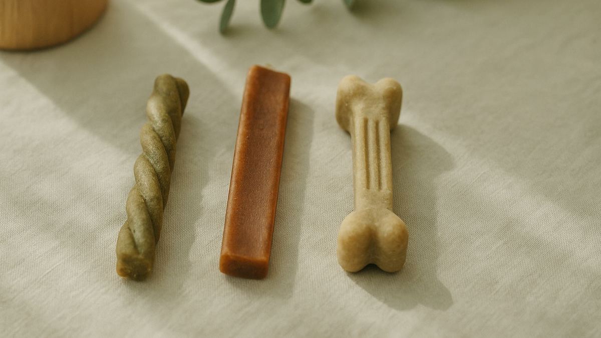 A flat-lay of three different dental chews on a textured warm white surface