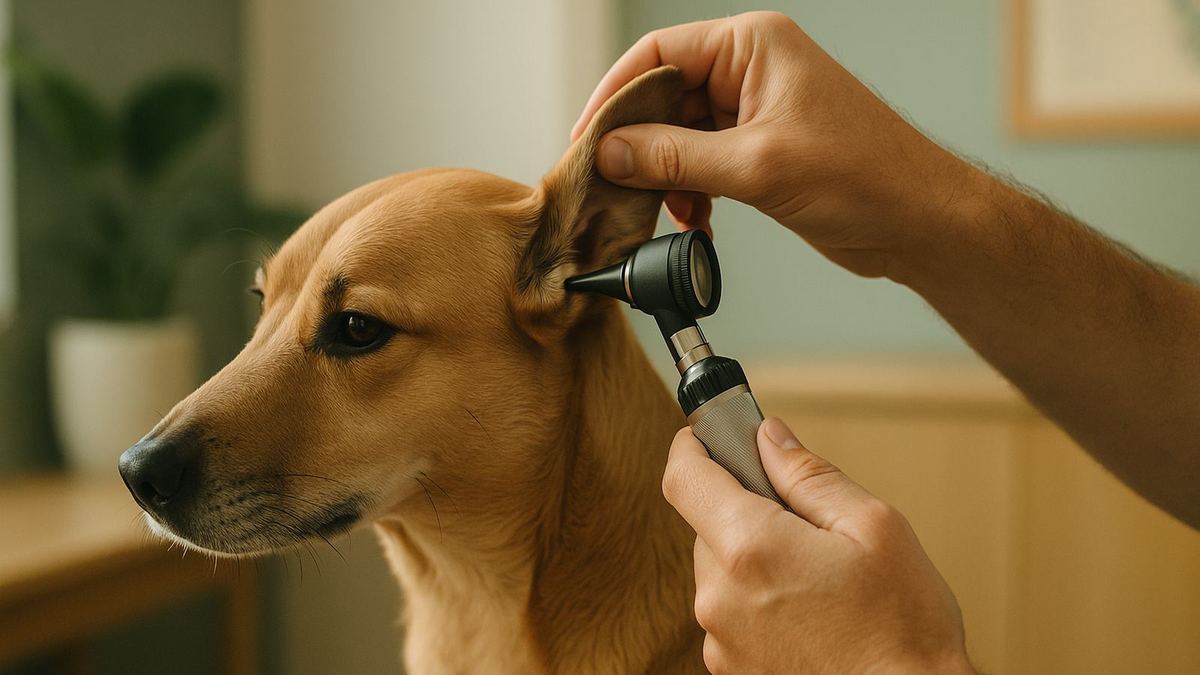 A vet's hand holding an otoscope to a calm dog's ear