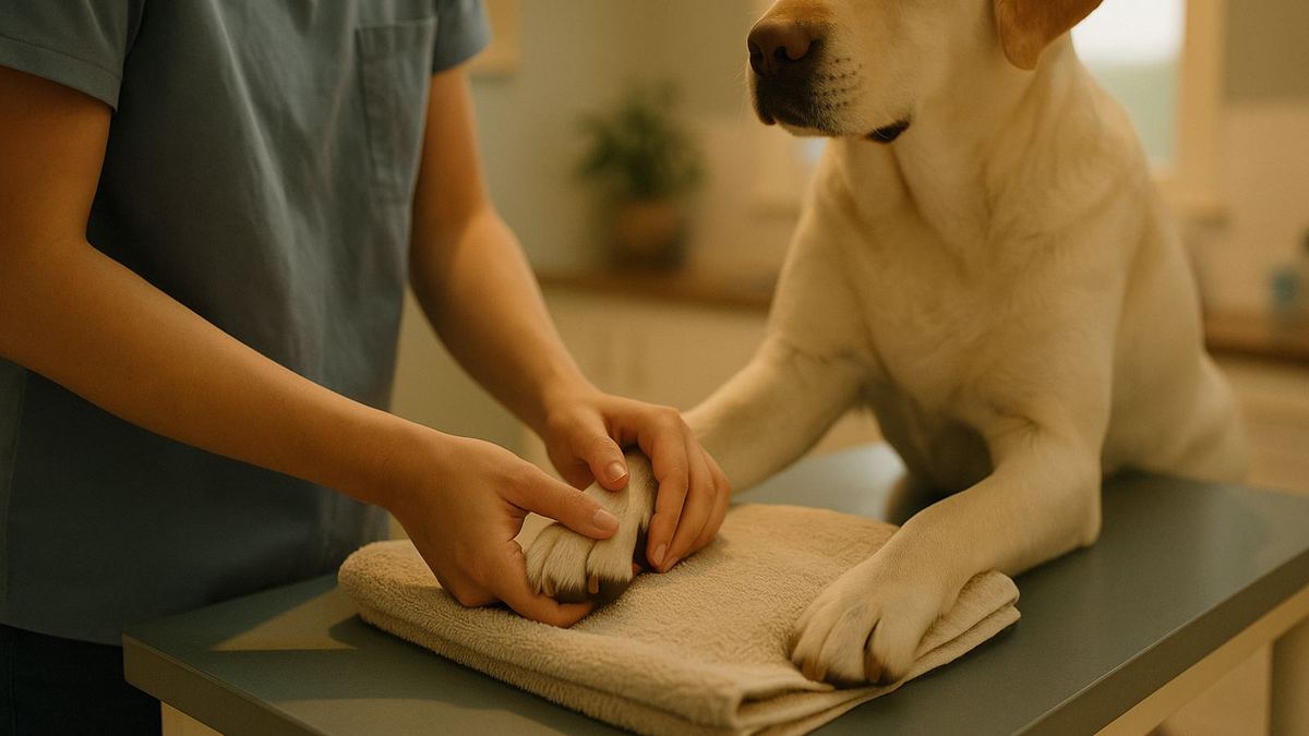A vet nurse's hands gently placing a Labrador's paw on a folded towel on an exam table