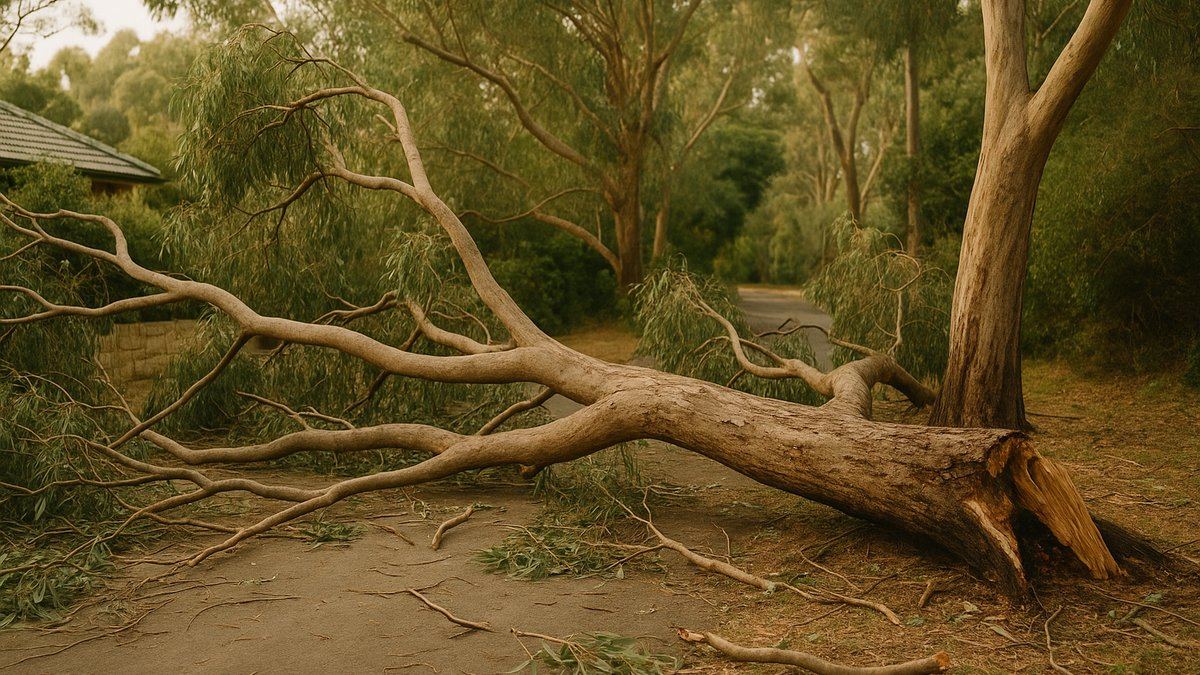 Large gum tree fallen across a Sydney suburban driveway after a storm