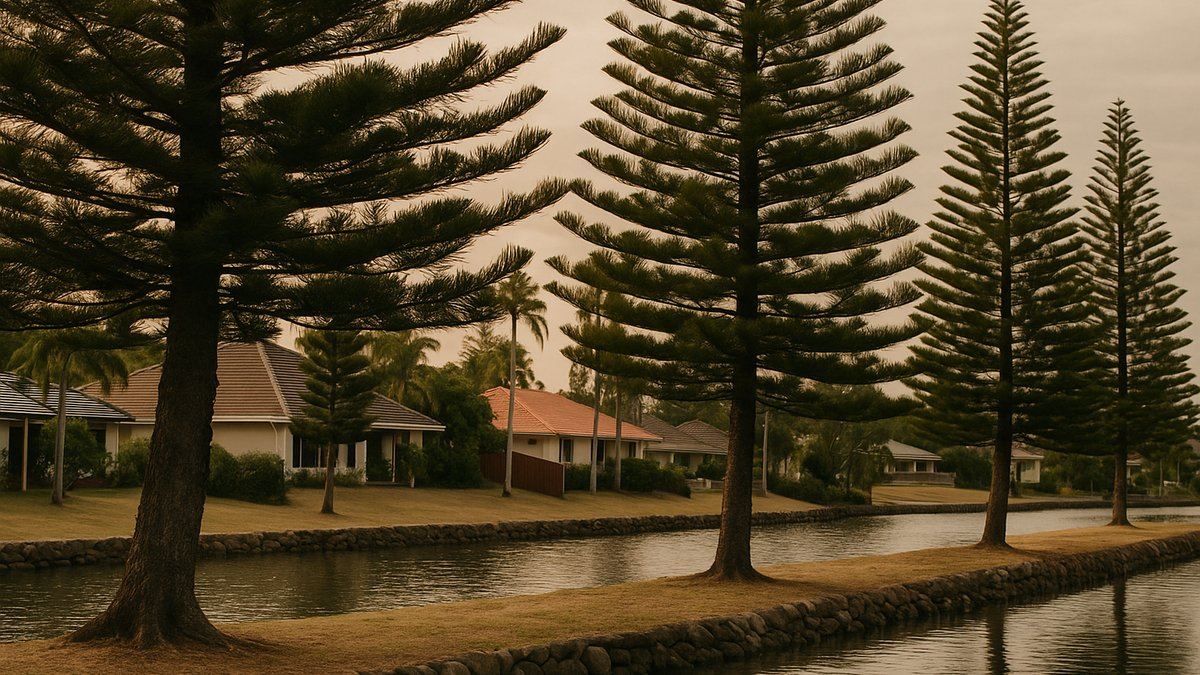 Cluster of mature Norfolk pines along a Gold Coast canal frontage