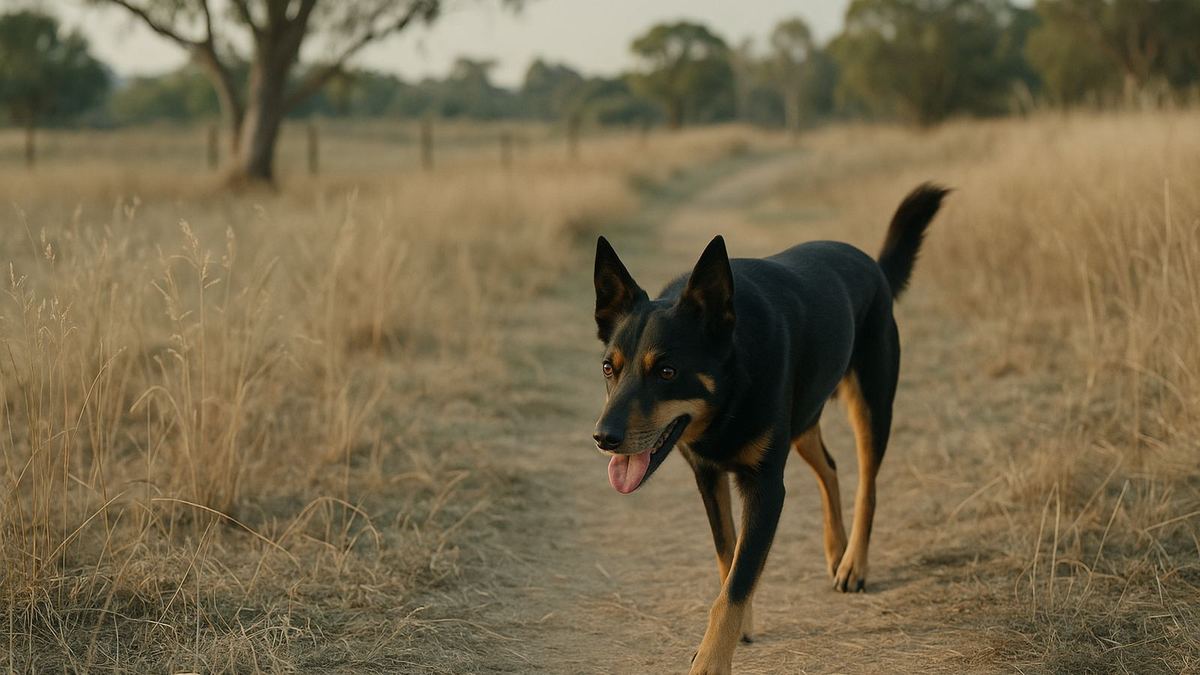 A Kelpie walking through dry summer grass on a country path in late afternoon light