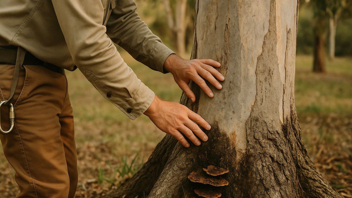 Arborist examining the trunk of a mature gum tree, looking for signs of decline