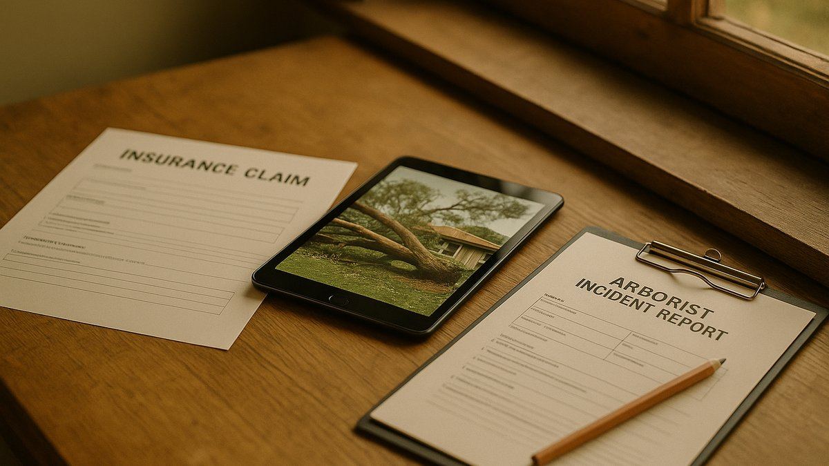 Insurance claim documents on a desk next to photos of tree damage