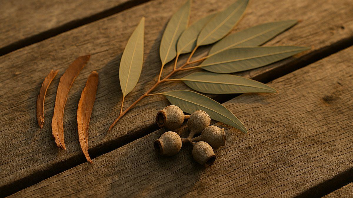 Eucalyptus leaves and gum nuts on a wooden table, late afternoon light
