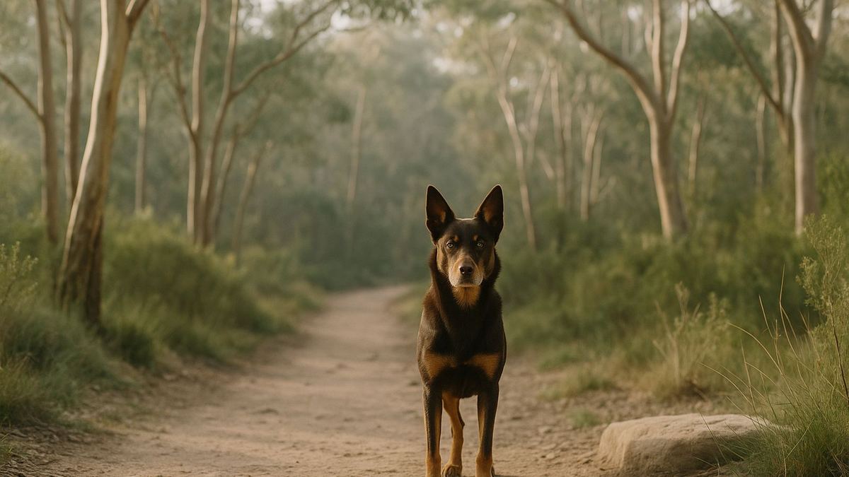 A Kelpie standing alert at the start of a bushland trail in Sydney's Northern Beaches