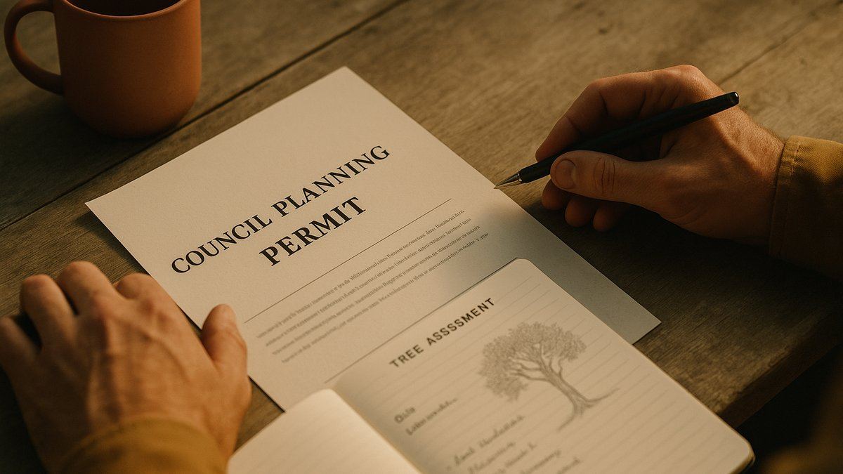 Council planning permit document on a desk next to a tree assessment notebook