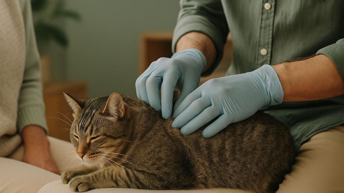A vet's gloved hands gently parting the fur on a calm cat's back, examining the skin
