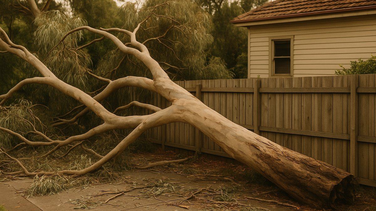 Mature gum tree fallen across a residential driveway after a storm, branches over a fence