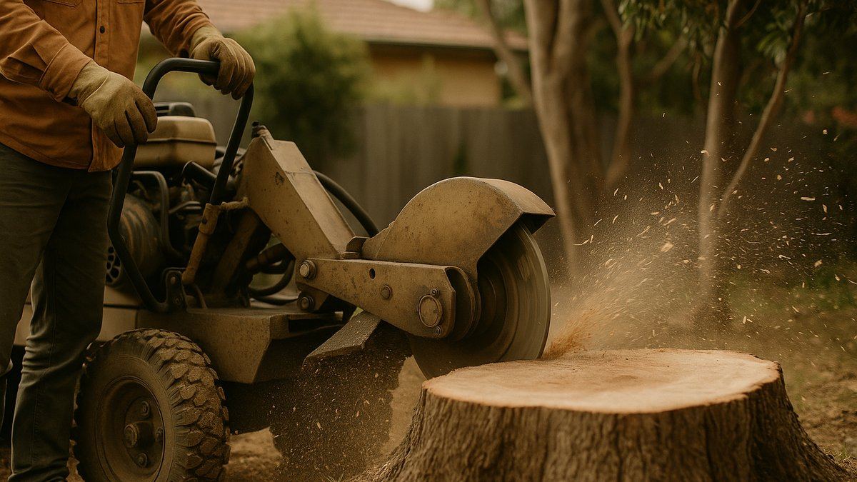 Stump grinder cutting into a hardwood stump, fresh chips spraying