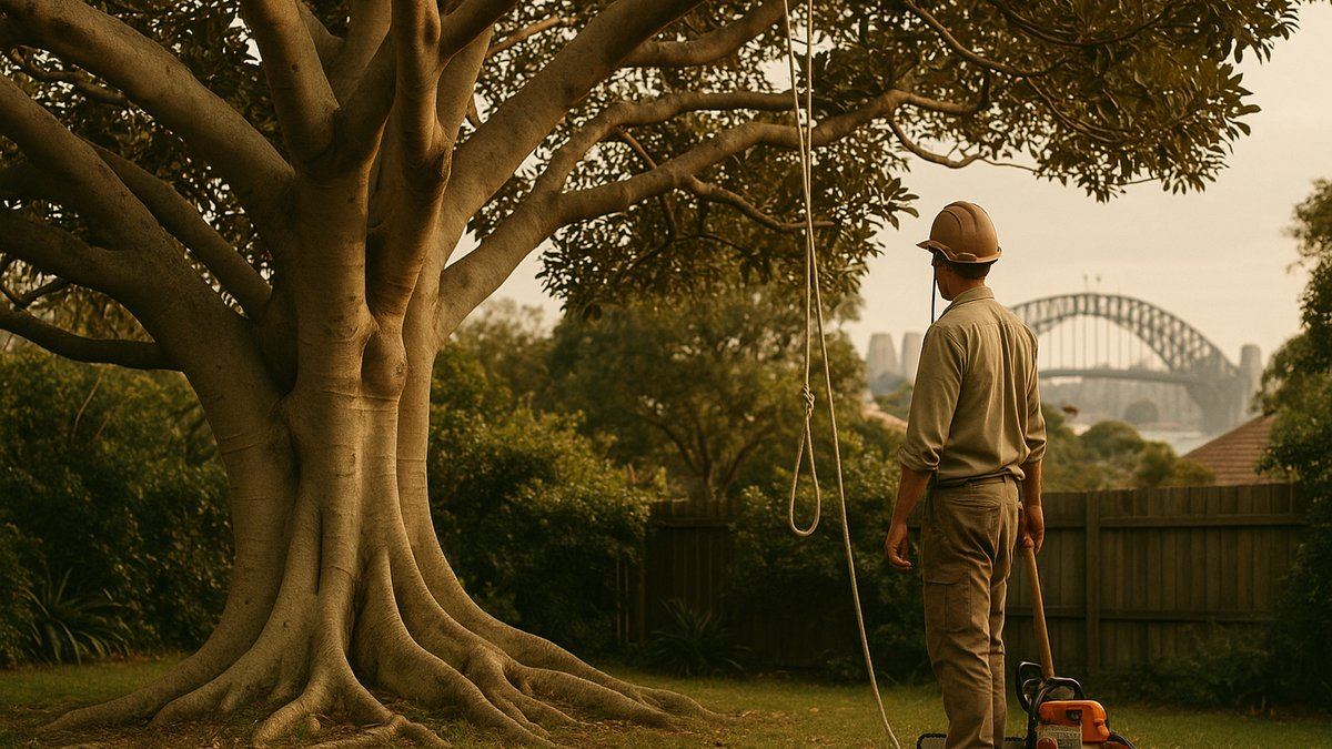 Mature Port Jackson fig in a Sydney inner-suburb backyard, harbour bridge in distance