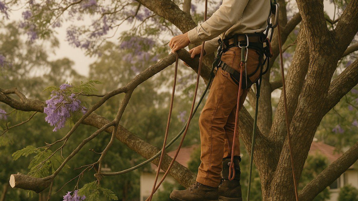 Arborist on a rope harness performing a crown reduction on a leafy jacaranda