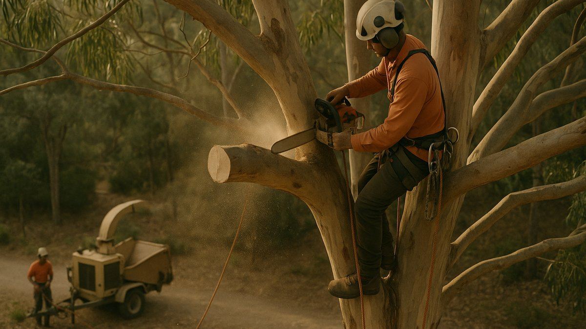 Arborist climber making the back-cut on a large gum tree, ground crew below