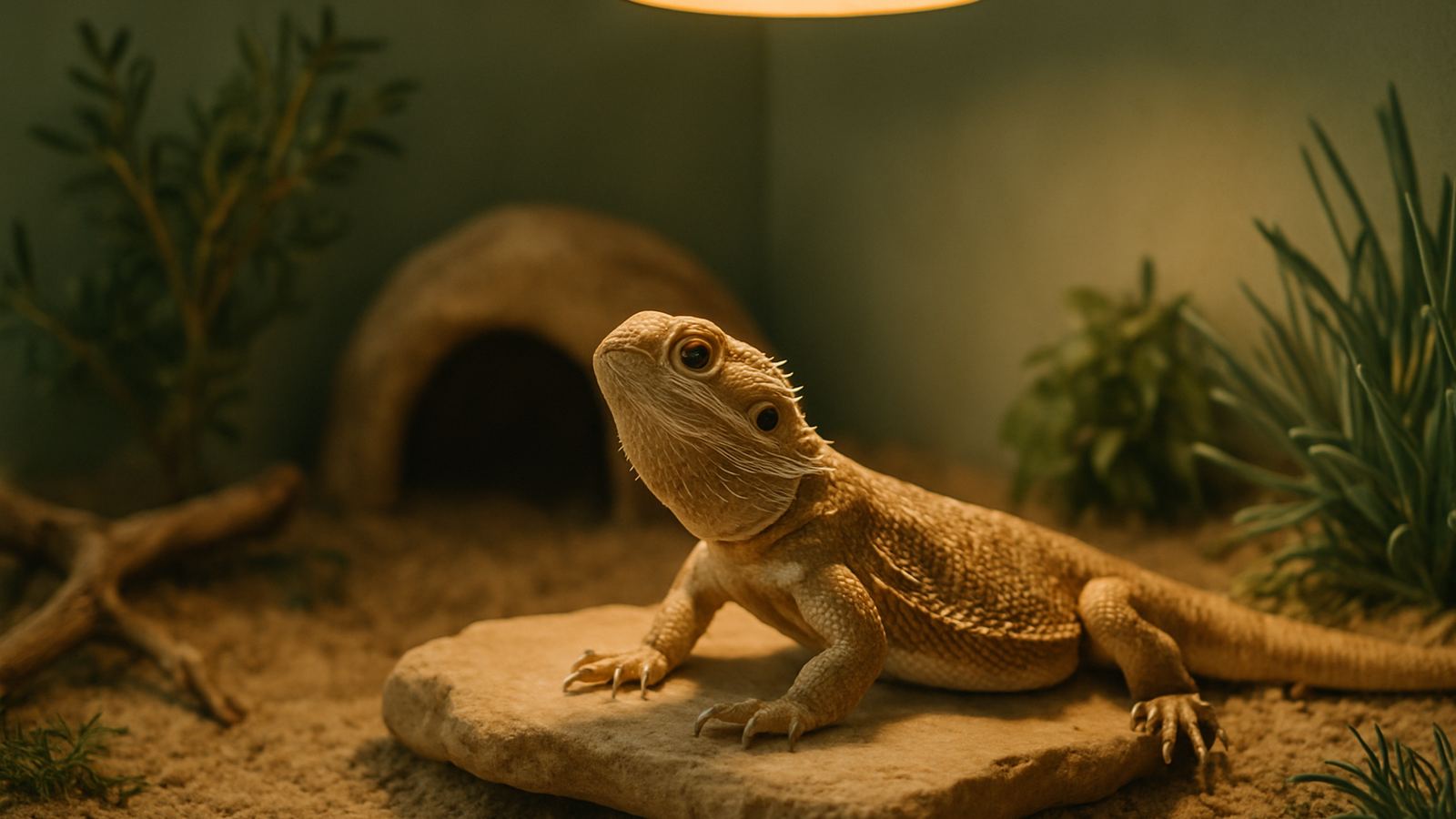A healthy bearded dragon basking on a flat rock in a well-arranged terrarium