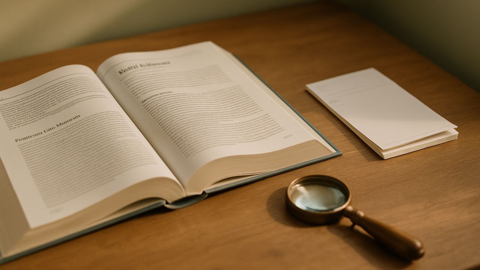 A flat-lay of a veterinary reference book, magnifying glass and prescription pad on a wooden desk