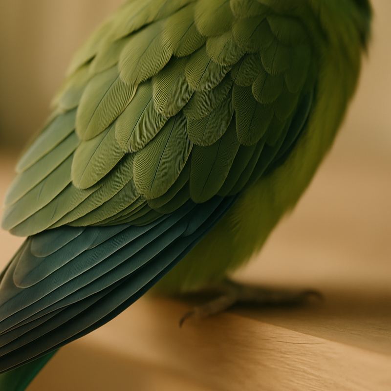 A macro photograph of a parrot's wing feathers showing colour and structure