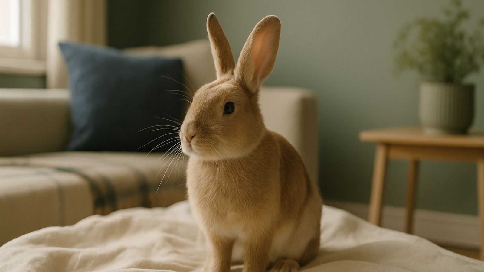A calm domestic rabbit on a soft cream blanket with alert ears