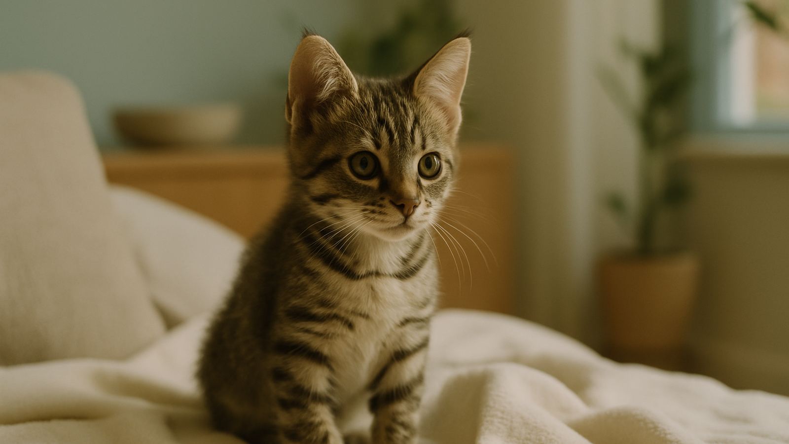 A curious tabby kitten on a soft blanket with alert eyes
