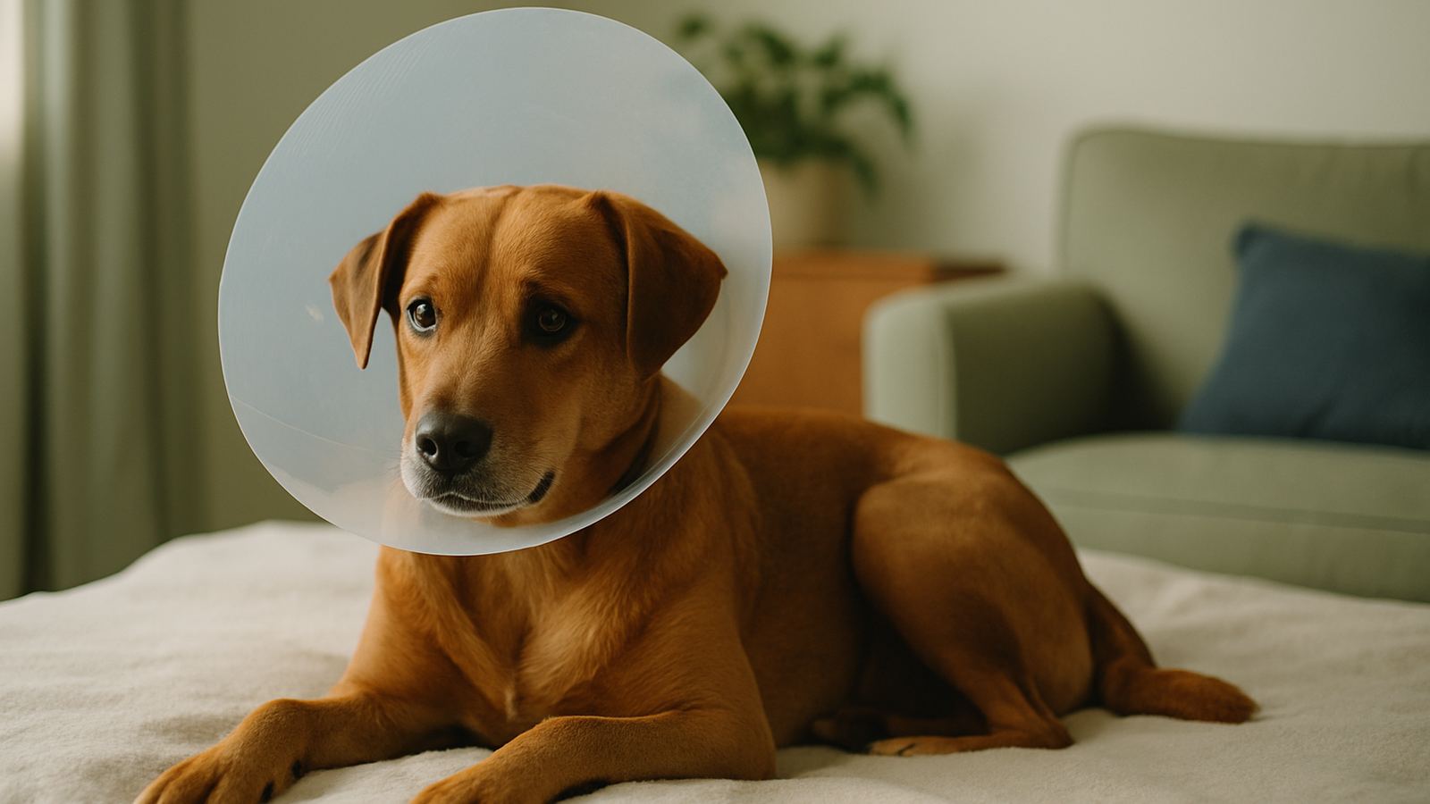A medium brown dog wearing a clear plastic recovery cone, lying on a soft blanket