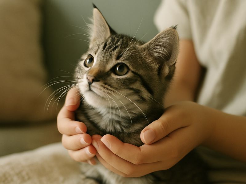 Close-up of small hands cupping a tabby kitten looking up