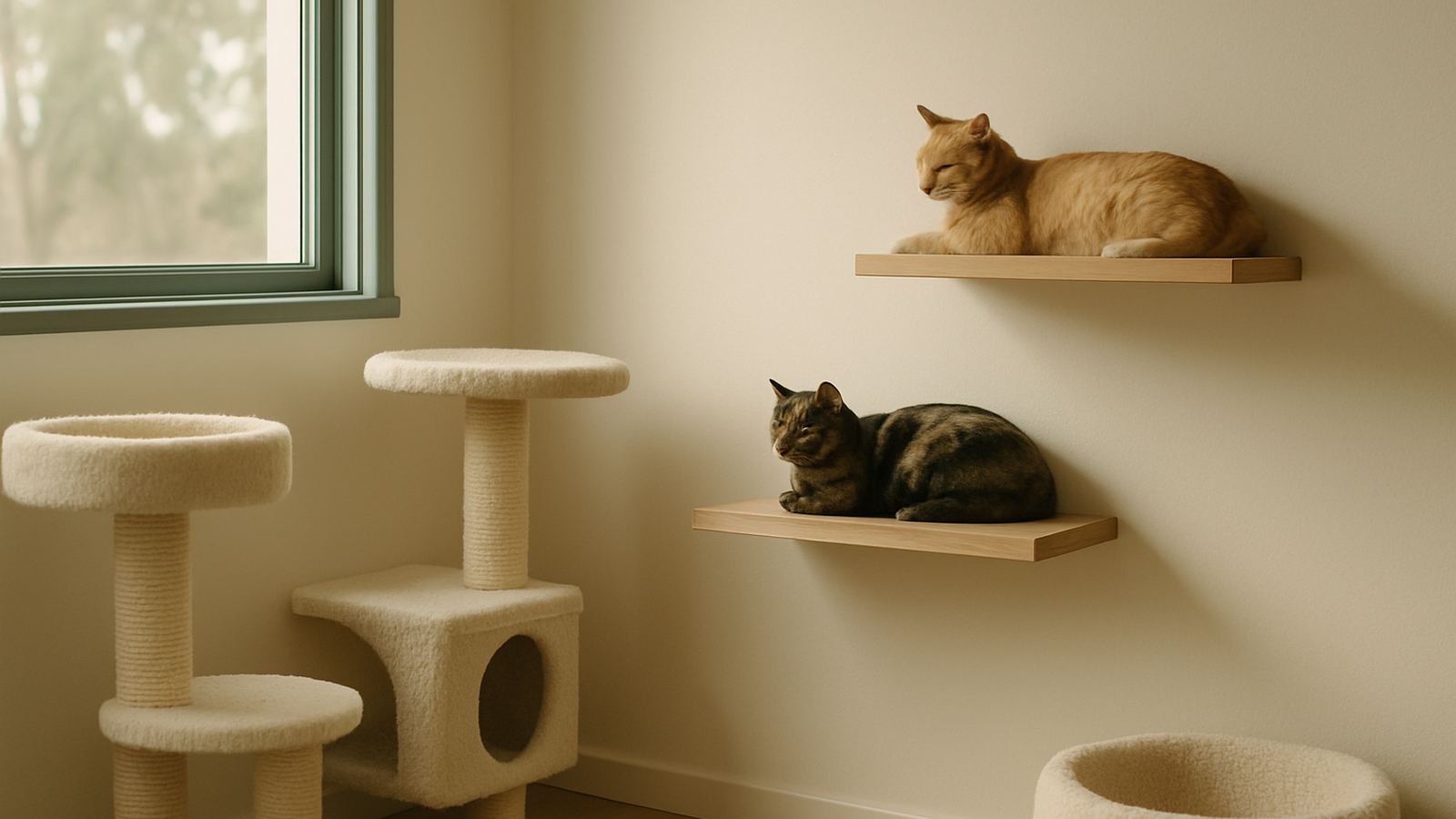 A clean cat rescue space with cat trees, soft cream walls, and two cats lounging on shelves