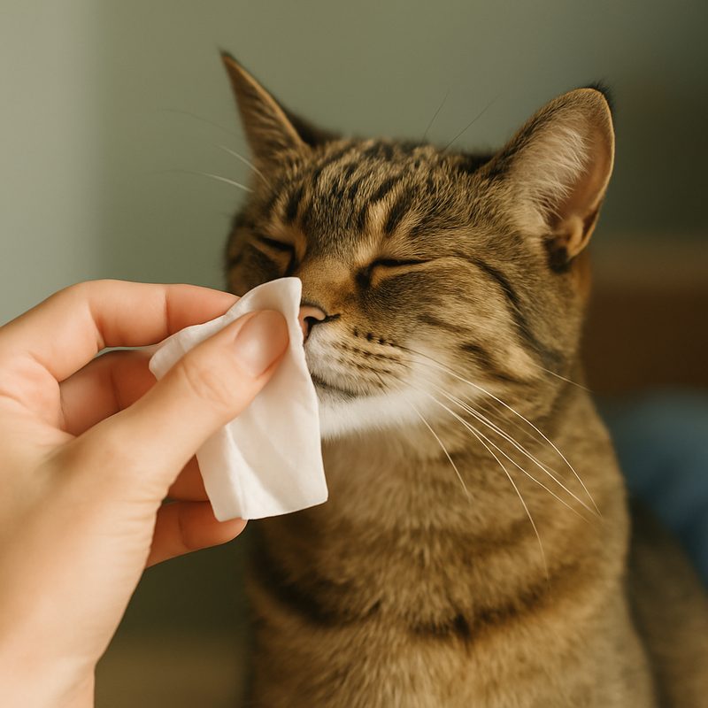A hand gently wiping a cat's nose with a soft tissue