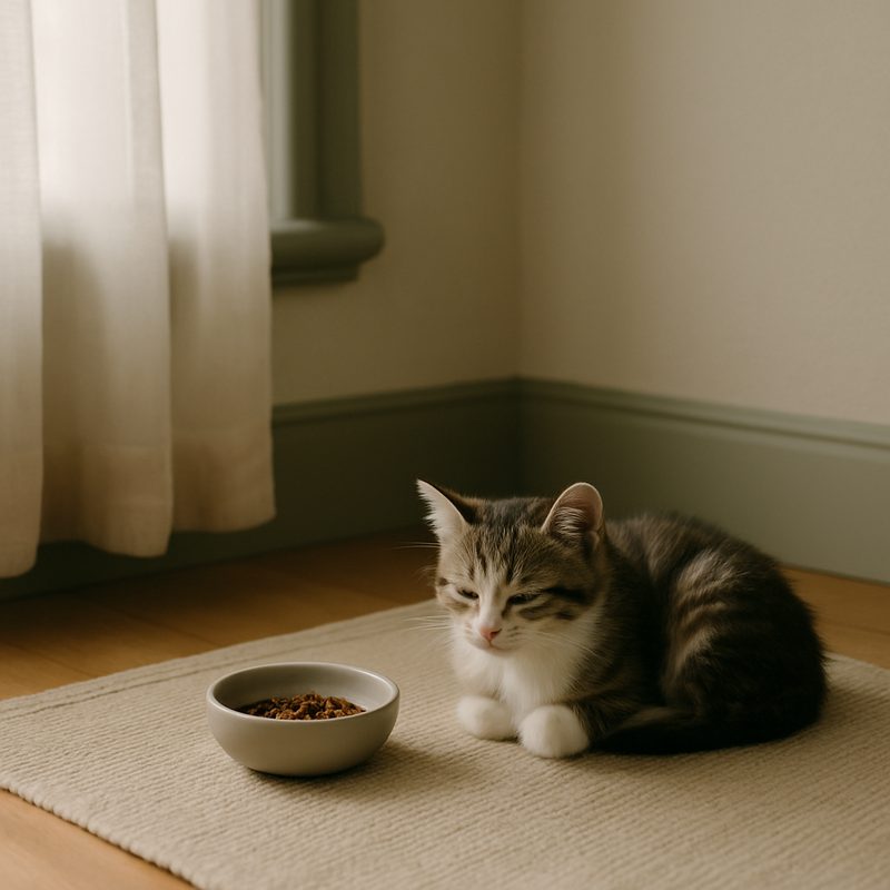 A small kitten resting in a quiet warm corner beside a small bowl of food