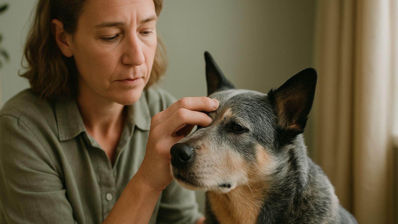 A vet's hand gently checking around a calm dog's eye