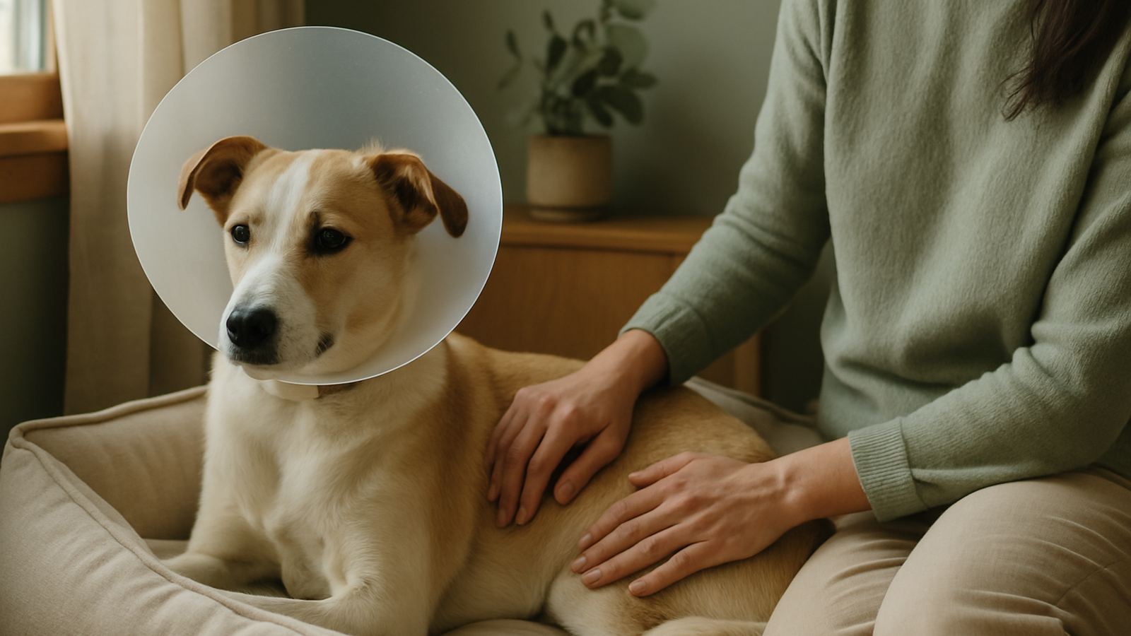 A dog wearing a cone, lying in their bed, their owner's hand resting gently on their flank