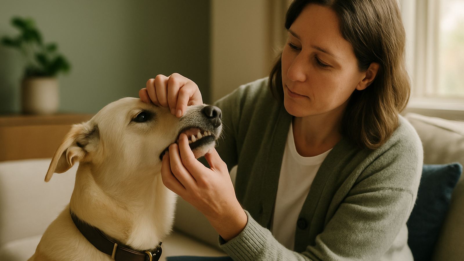 A person gently examining their own dog's teeth at home