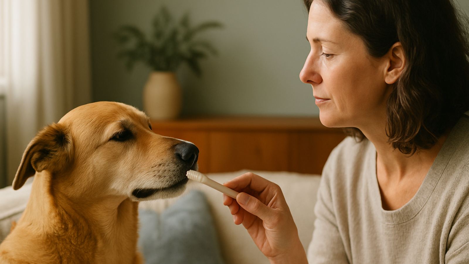 A hand holding a soft pet toothbrush gently against a calm dog's mouth
