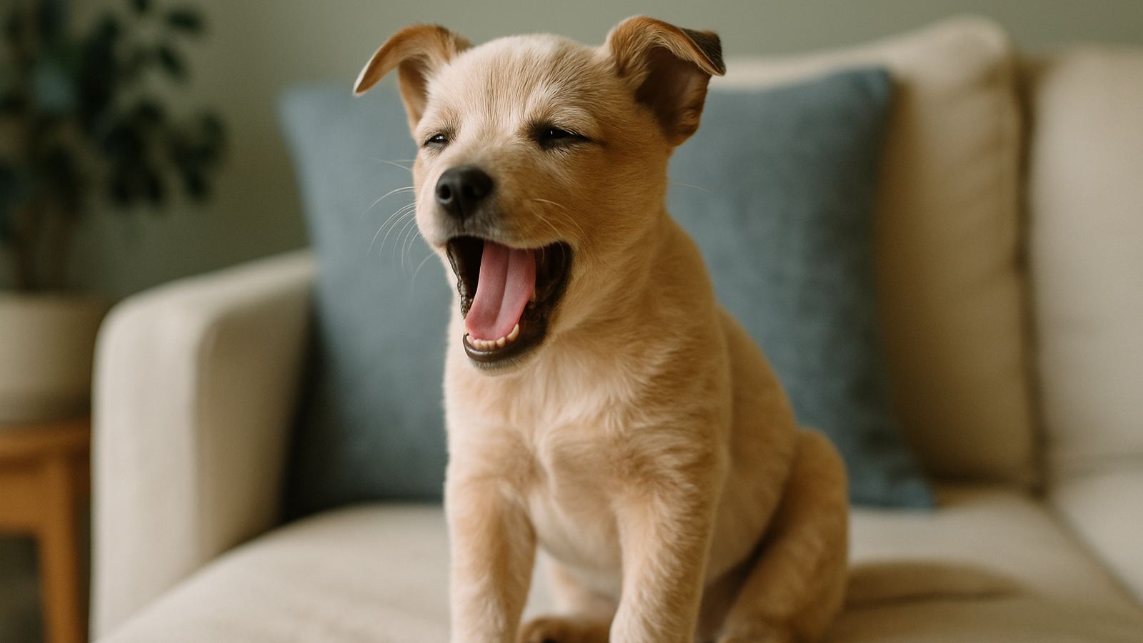 A small puppy mid-yawn with baby teeth visible in a relaxed home setting