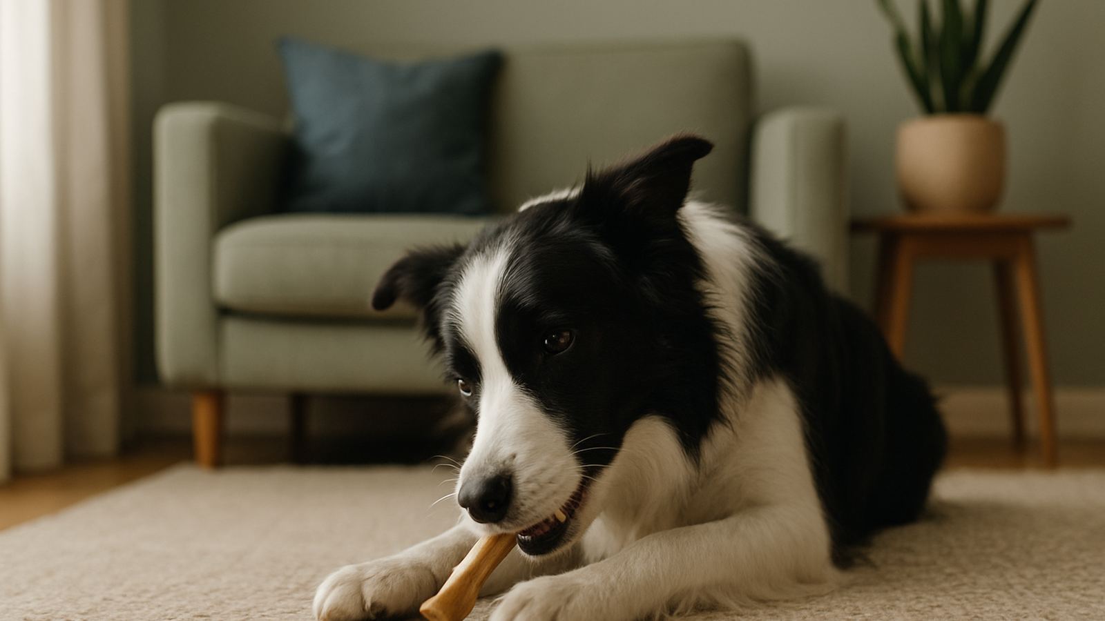 A Border Collie chewing intently on a chew with focused eyes