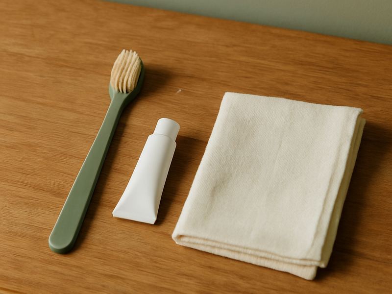 A flat-lay of a soft pet toothbrush, a tube of pet toothpaste and a folded white cloth on a wooden surface