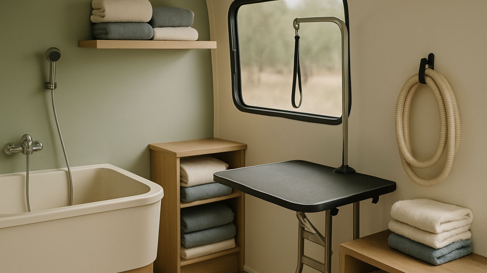 The inside of a mobile dog grooming van with a small bath, grooming table and towels