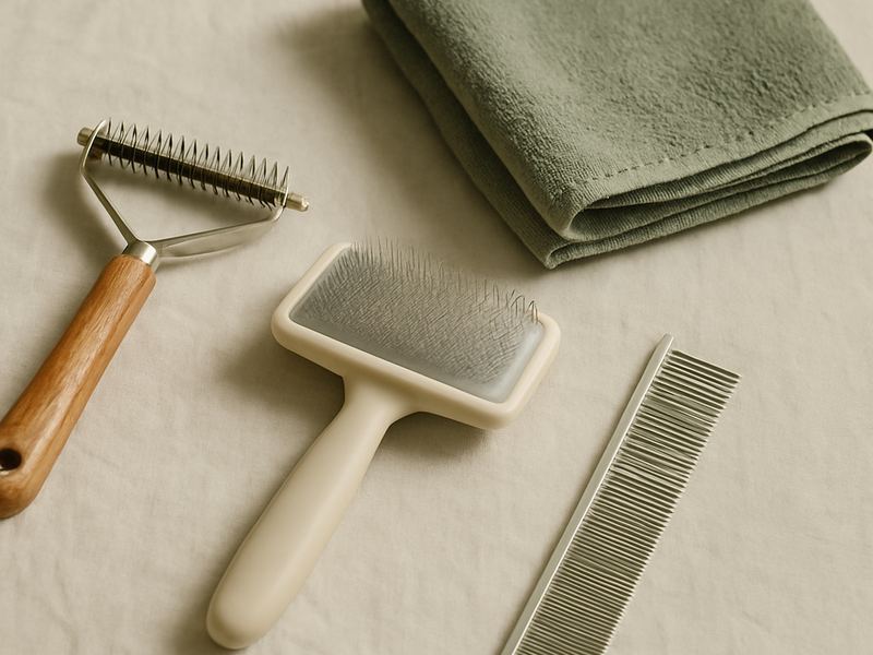 An undercoat rake, slicker brush, stainless steel comb and folded microfibre towel on a pale linen surface
