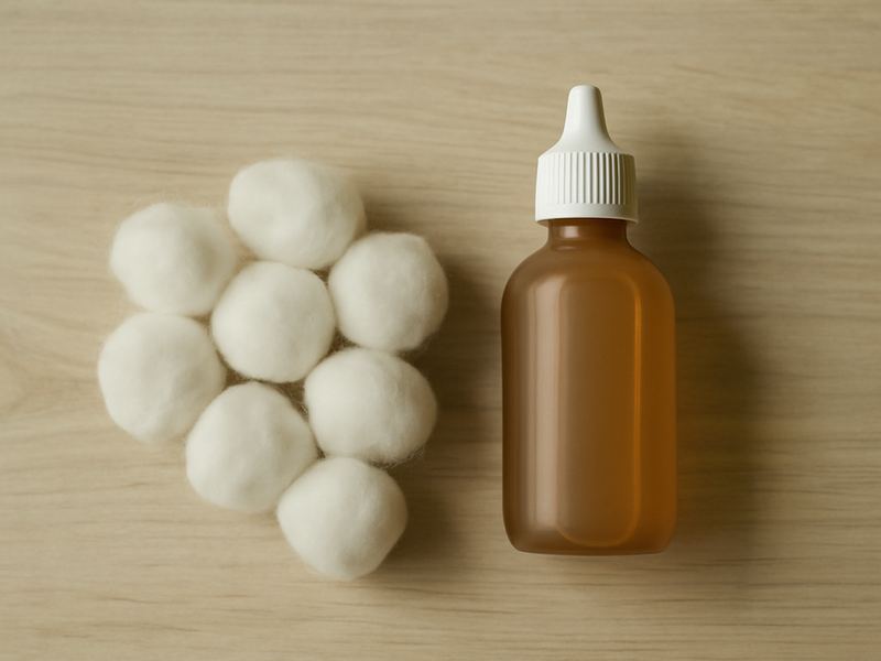 A flat-lay of a small bottle of pet ear cleaner and clean cotton wool on a pale wooden surface