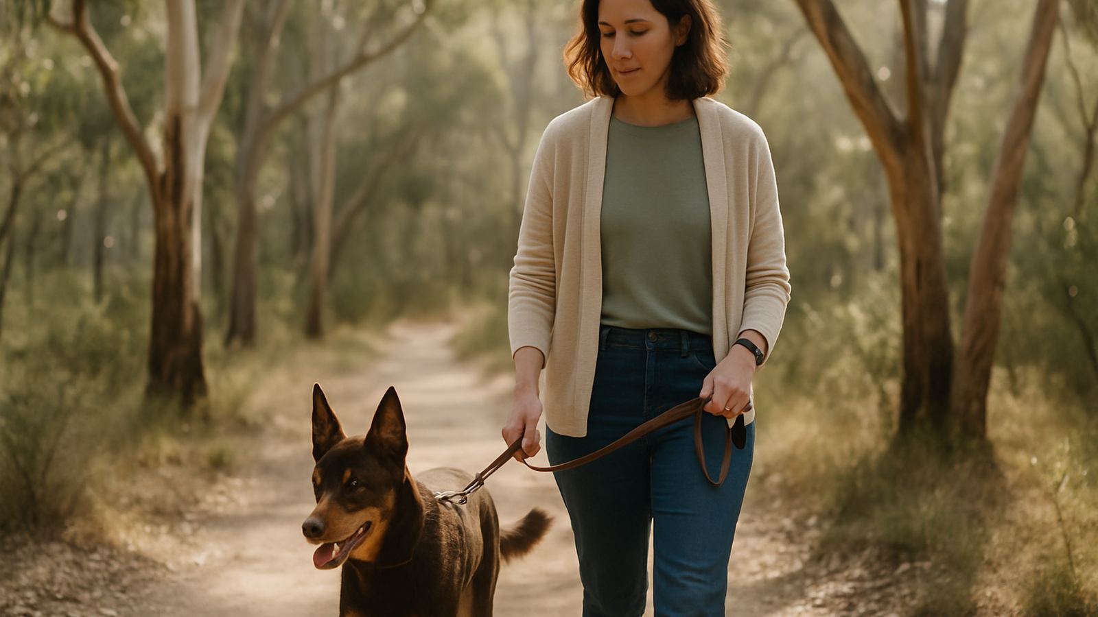 A person walking a Kelpie on a lead through Australian bushland with sunlight through gum trees