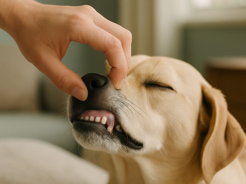 A hand gently lifting the lip of a calm dog to reveal healthy pink gums